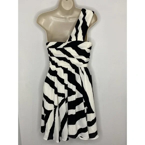 NWT $98 Express Women’s Black White Striped Zebra One Shoulder Flare Dress Sz 2 - Picture 4 of 5